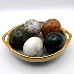 Vintage Lot of 5 Marble Alabaster Onyx Stone Eggs TK Porcelain Dish w/ Handles